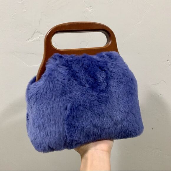 Handmade Real Rex Rabbit Fur Wooden Frame Top Handle Bag/Crossbody & 2 Straps - Picture 3 of 14